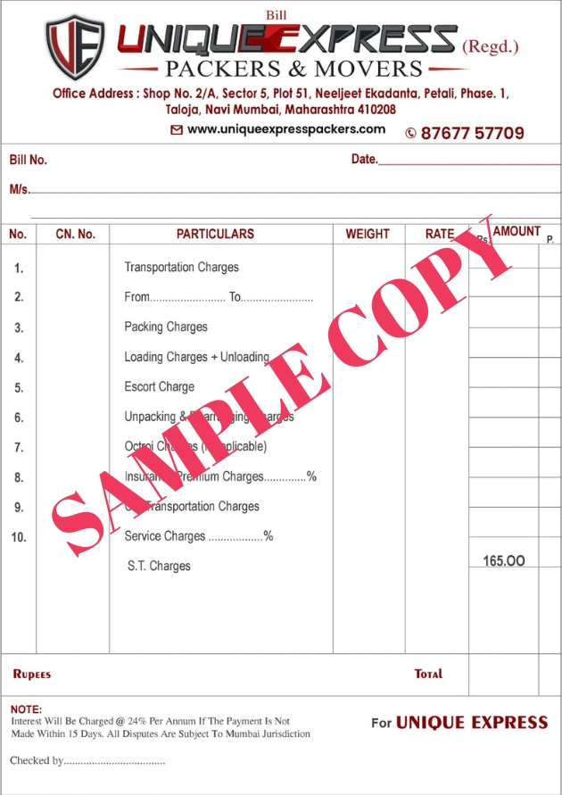 Sample Packers and Movers Invoice - Unique Express